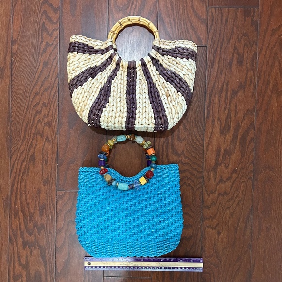 Lot of 2 straw woven bags summer beach aqua tan Capelli Austin Clothing Co. - Picture 2 of 6